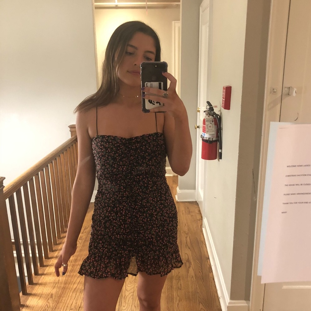Black floral ruched cocktail dress